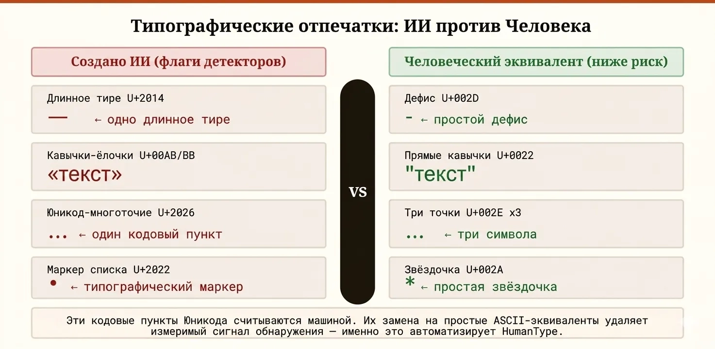 Сравнение типографских символов, характерных для ИИ (длинное тире U+2014, фигурные кавычки, символ многоточия Unicode, буллет U+2022) и их обычных ASCII-аналогов, которые используют люди (дефис, прямые кавычки, три точки, звёздочка)